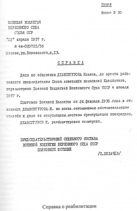 Справка о реабилитации И. Джансугурова