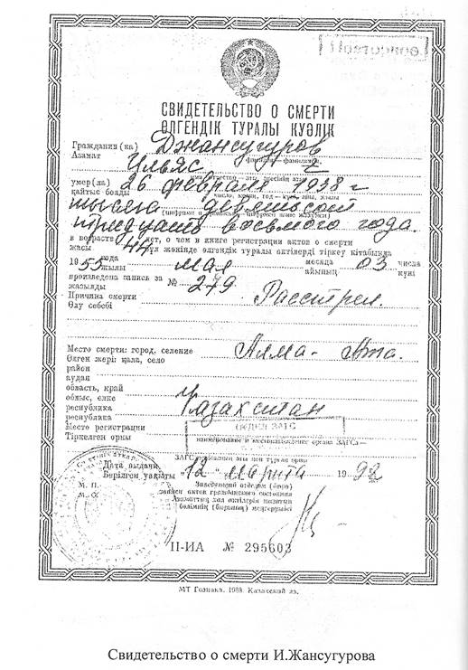 Свидетельство о смерти И. Джансугурова. повторное.